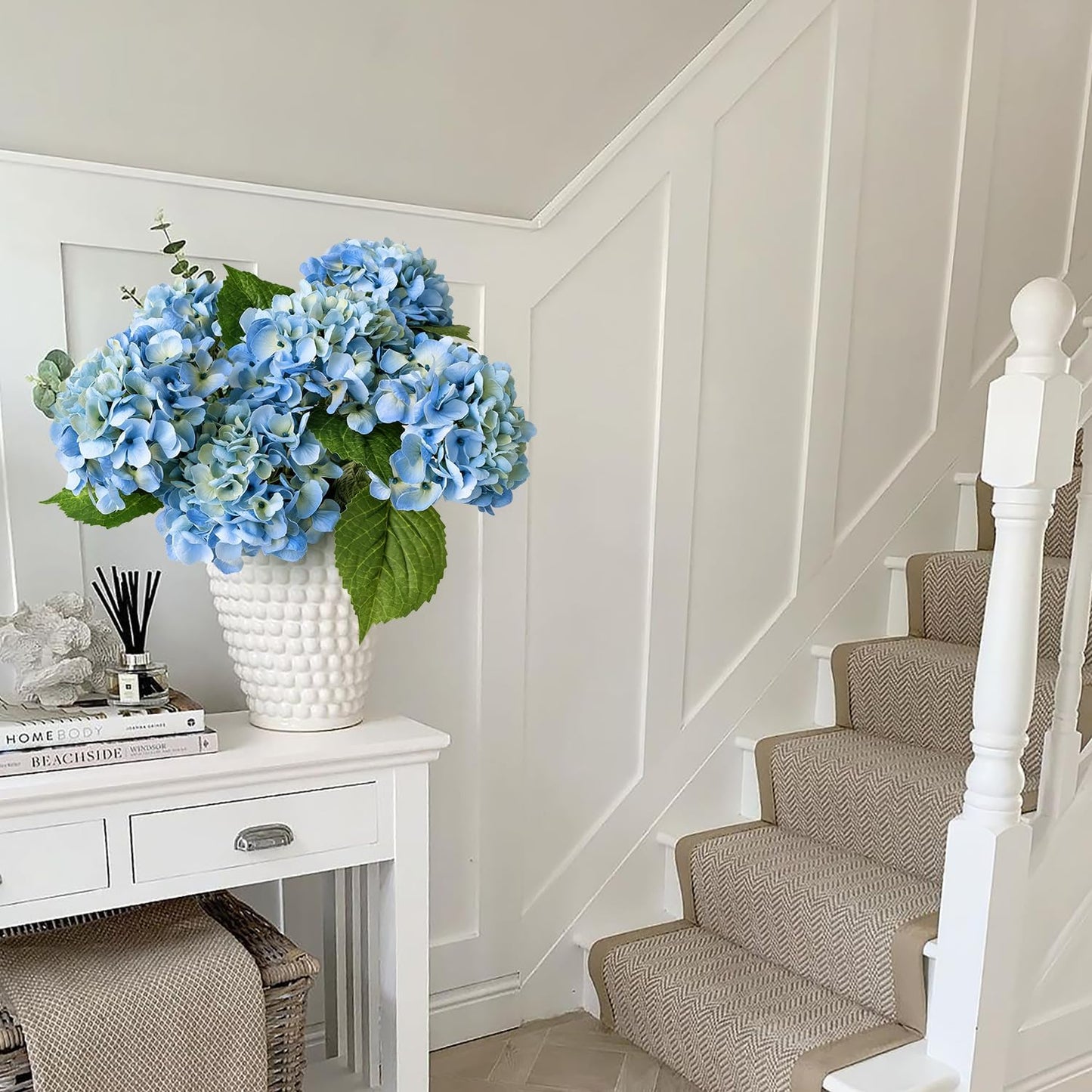 JINWOE Light Blue Flowers Hydrangea Artificial Flowers, 4PCS 21" Latex Real Touch Vintage Lifelike Silk Flowers,Faux Hydrangea Bouquet Fake Flowers for Wedding Centerpieces Tables Party Outdoor Home