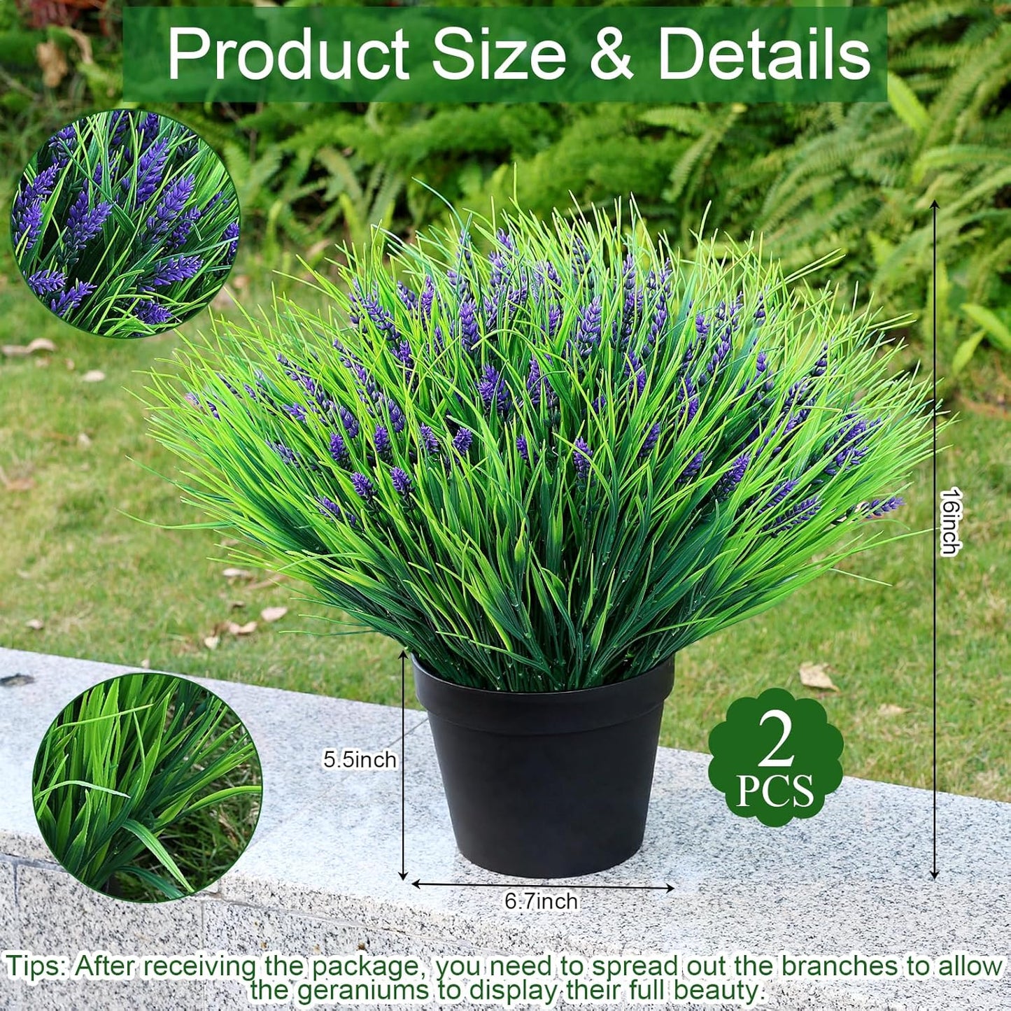 2 Sets Potted Artificial Plants for Outdoor, Pre-Made | Pre-potted Faux Lavender Grass in Pots, UV Resistant, Large, Gardens Yards Patios Paths Home Decor