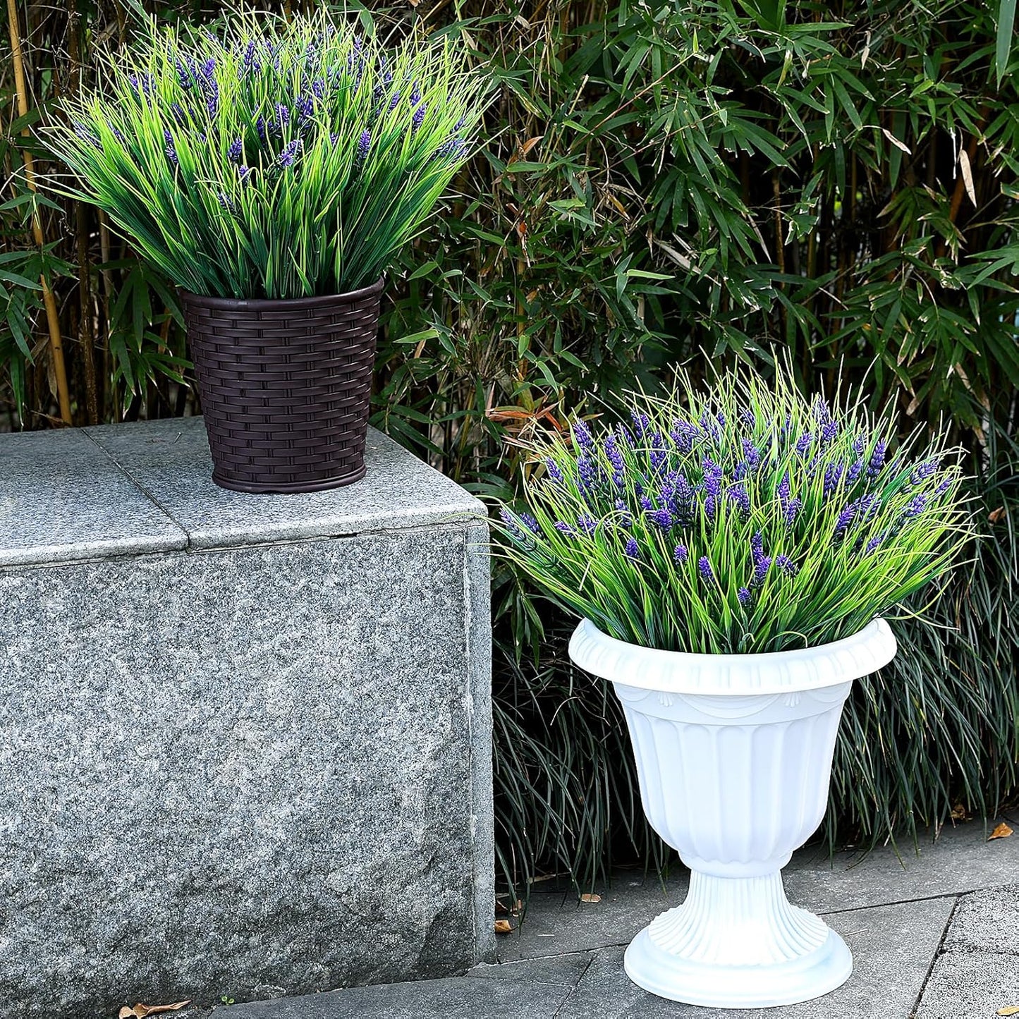 2 Sets Potted Artificial Plants for Outdoor, Pre-Made | Pre-potted Faux Lavender Grass in Pots, UV Resistant, Large, Gardens Yards Patios Paths Home Decor