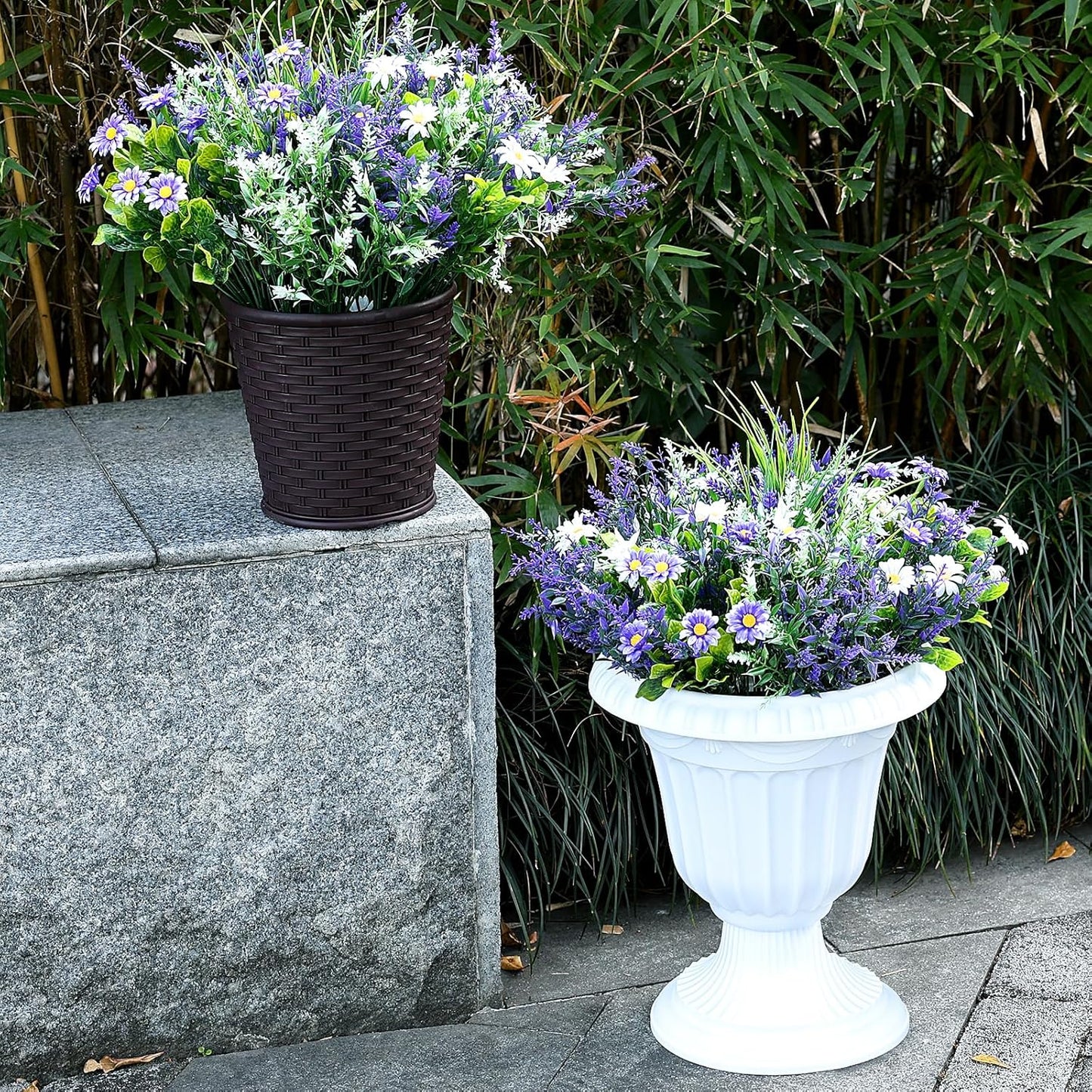 2 Sets Potted Artificial Plants for Outdoor, Pre-Made | Pre-potted Faux Lavender Grass in Pots, UV Resistant, Large, Gardens Yards Patios Paths Home Decor