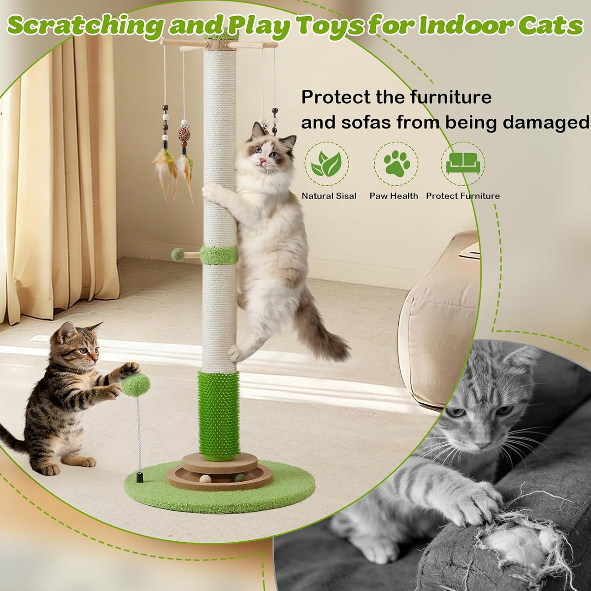 38" Tall Sisal Cat Scratching Post with Stable Base for Indoor Adult Cats