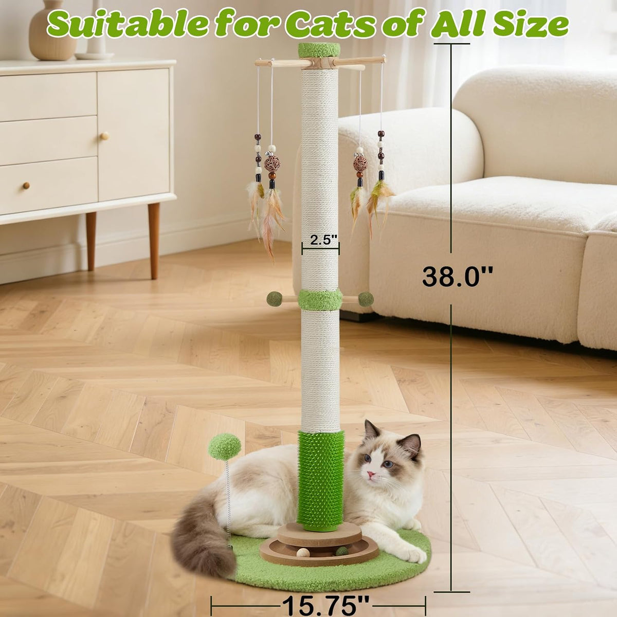 38" Tall Sisal Cat Scratching Post with Stable Base for Indoor Adult Cats
