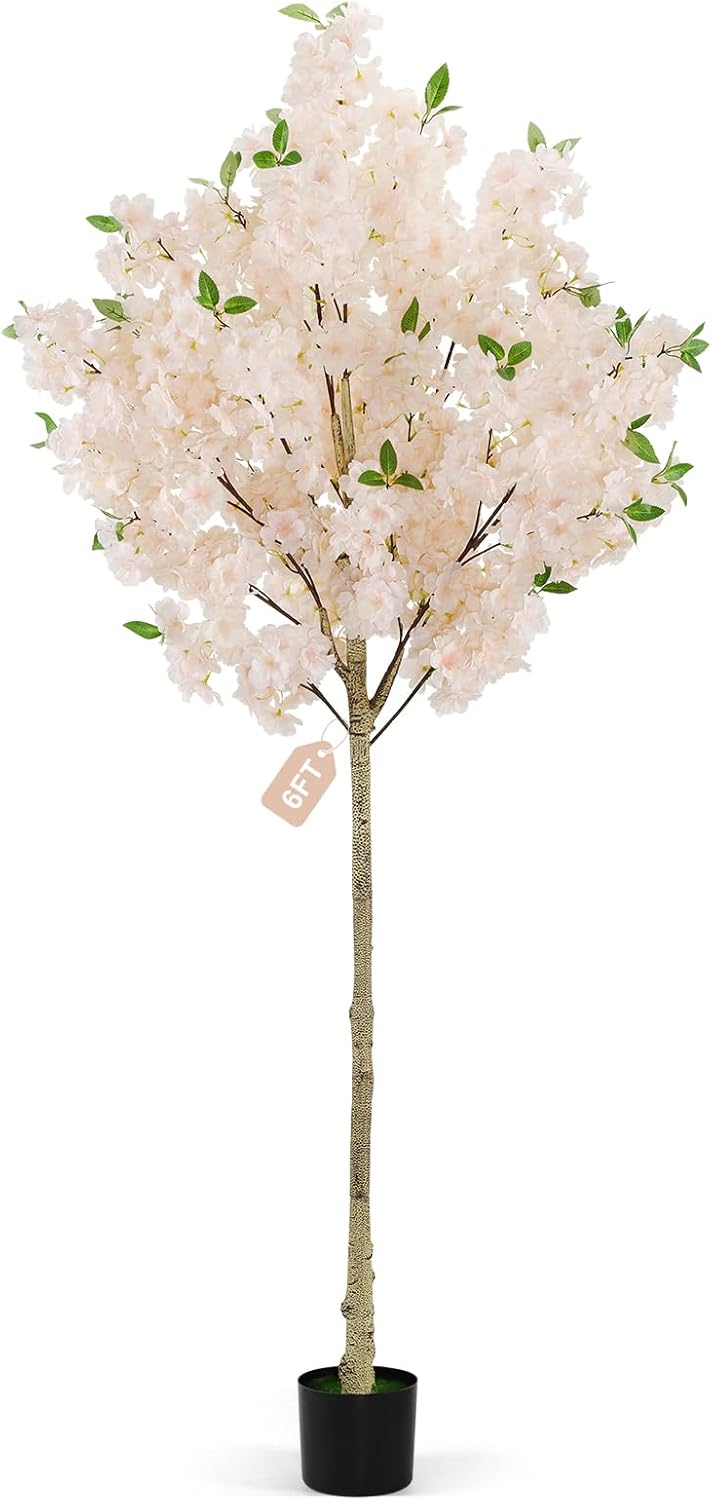6Ft Cherry Blossom Artificial Tree,Decor Fake Tree Faux Silk Plant with Plastic Nursery Pot,Artificial Plants for Wedding Decor Home Office（Champagne）
