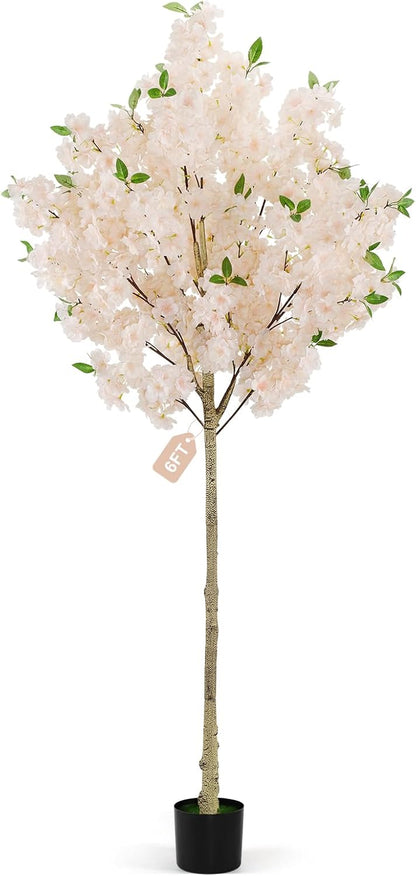 6Ft Cherry Blossom Artificial Tree,Decor Fake Tree Faux Silk Plant with Plastic Nursery Pot,Artificial Plants for Wedding Decor Home Office（Champagne）