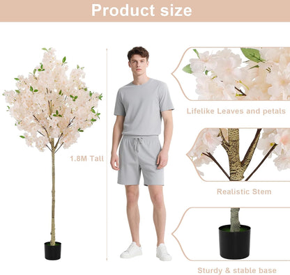 6Ft Cherry Blossom Artificial Tree,Decor Fake Tree Faux Silk Plant with Plastic Nursery Pot,Artificial Plants for Wedding Decor Home Office（Champagne）