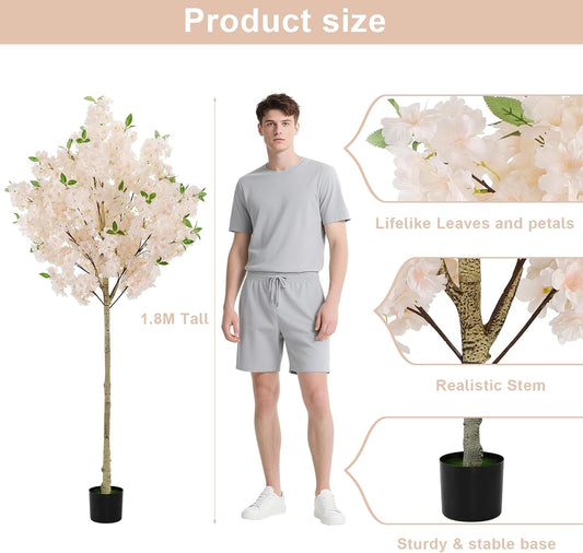 6Ft Cherry Blossom Artificial Tree,Decor Fake Tree Faux Silk Plant with Plastic Nursery Pot,Artificial Plants for Wedding Decor Home Office（Champagne）