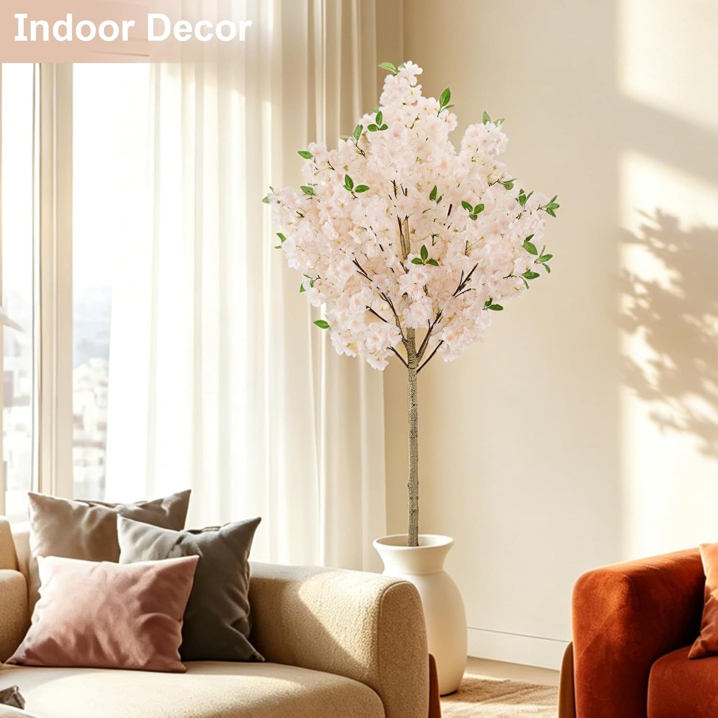 6Ft Cherry Blossom Artificial Tree,Decor Fake Tree Faux Silk Plant with Plastic Nursery Pot,Artificial Plants for Wedding Decor Home Office（Champagne）