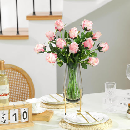 12Pcs Realistic Fake Light Pink Roses Faux Flowers with Long Stems, Artificial Silk Rose Flowers for Valentines Day Home Wedding Decor Bridal Bouquet