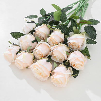 12Pcs Realistic Fake Light Pink Roses Faux Flowers with Long Stems, Artificial Silk Rose Flowers for Valentines Day Home Wedding Decor Bridal Bouquet