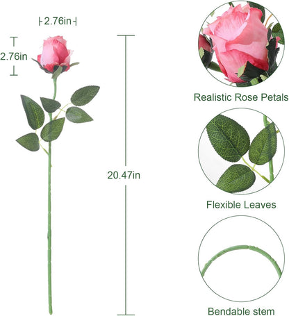 12Pcs Realistic Fake Light Pink Roses Faux Flowers with Long Stems, Artificial Silk Rose Flowers for Valentines Day Home Wedding Decor Bridal Bouquet