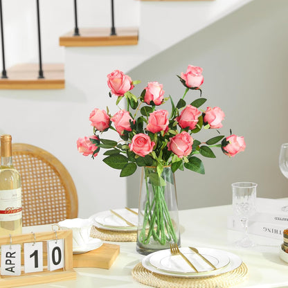 12Pcs Realistic Fake Light Pink Roses Faux Flowers with Long Stems, Artificial Silk Rose Flowers for Valentines Day Home Wedding Decor Bridal Bouquet