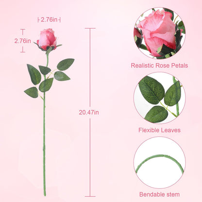 12Pcs Realistic Fake Light Pink Roses Faux Flowers with Long Stems, Artificial Silk Rose Flowers for Valentines Day Home Wedding Decor Bridal Bouquet