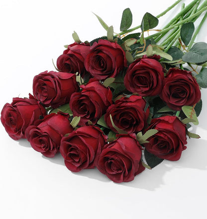 12Pcs Realistic Fake Light Pink Roses Faux Flowers with Long Stems, Artificial Silk Rose Flowers for Valentines Day Home Wedding Decor Bridal Bouquet