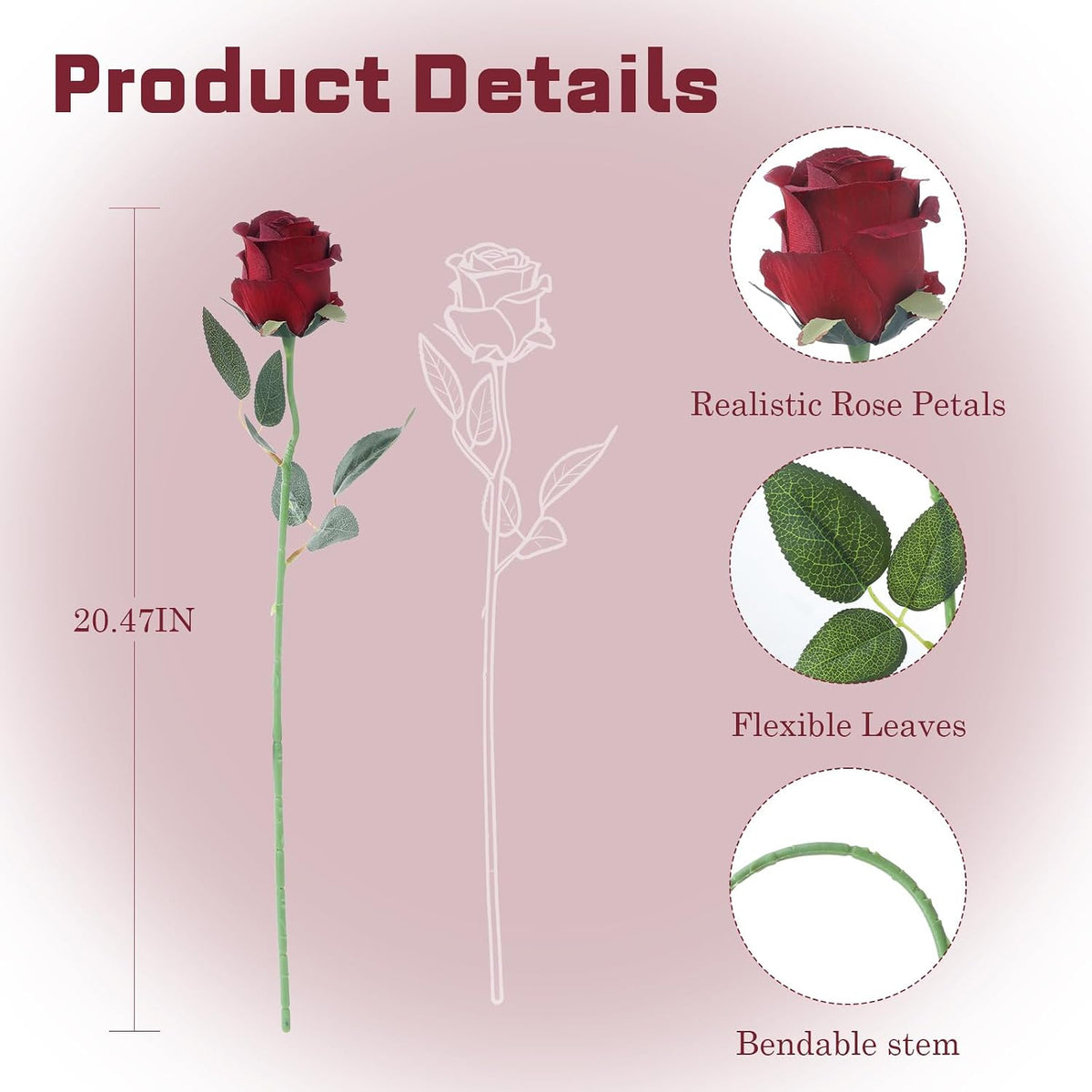 12Pcs Realistic Fake Light Pink Roses Faux Flowers with Long Stems, Artificial Silk Rose Flowers for Valentines Day Home Wedding Decor Bridal Bouquet