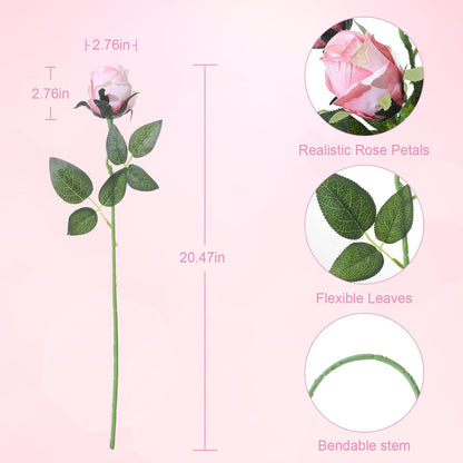 12Pcs Realistic Fake Light Pink Roses Faux Flowers with Long Stems, Artificial Silk Rose Flowers for Valentines Day Home Wedding Decor Bridal Bouquet