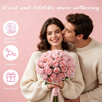 12Pcs Realistic Fake Light Pink Roses Faux Flowers with Long Stems, Artificial Silk Rose Flowers for Valentines Day Home Wedding Decor Bridal Bouquet
