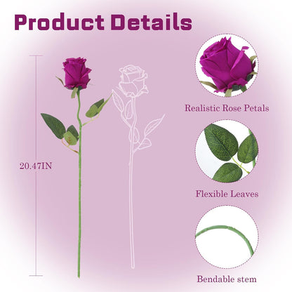 12Pcs Realistic Fake Light Pink Roses Faux Flowers with Long Stems, Artificial Silk Rose Flowers for Valentines Day Home Wedding Decor Bridal Bouquet