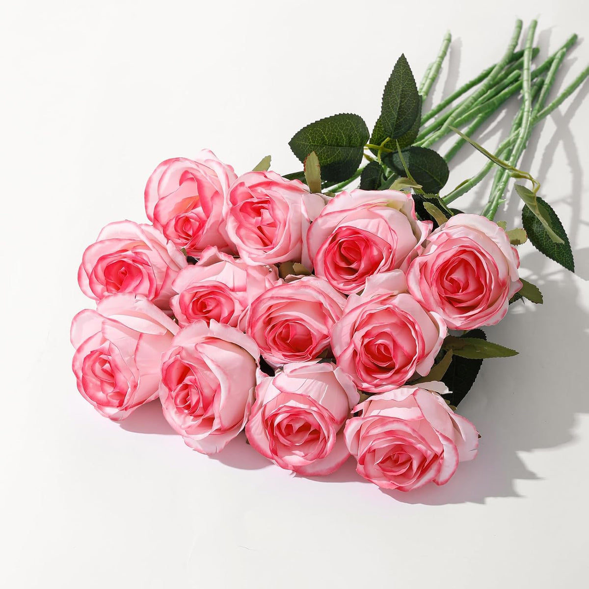 12Pcs Realistic Fake Light Pink Roses Faux Flowers with Long Stems, Artificial Silk Rose Flowers for Valentines Day Home Wedding Decor Bridal Bouquet