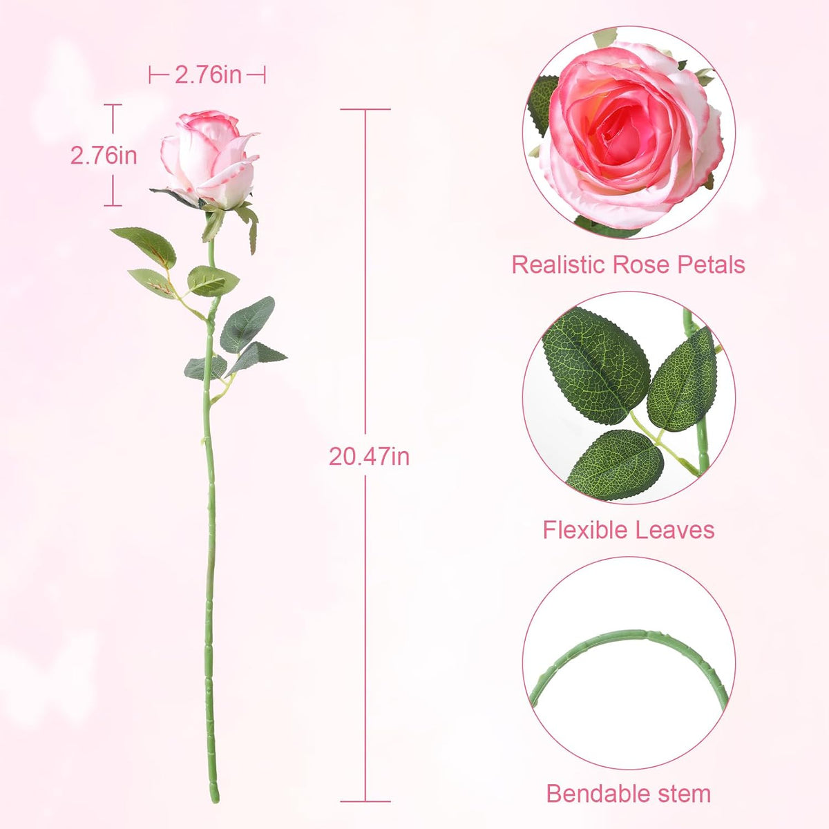 12Pcs Realistic Fake Light Pink Roses Faux Flowers with Long Stems, Artificial Silk Rose Flowers for Valentines Day Home Wedding Decor Bridal Bouquet