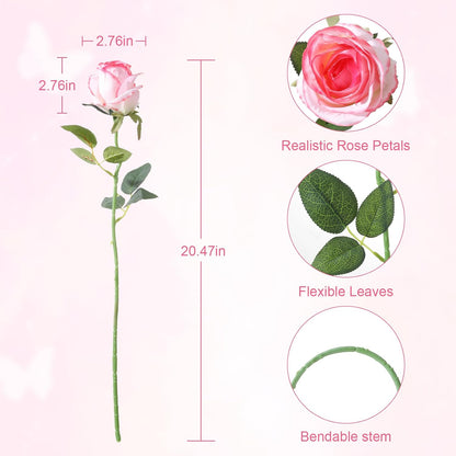 12Pcs Realistic Fake Light Pink Roses Faux Flowers with Long Stems, Artificial Silk Rose Flowers for Valentines Day Home Wedding Decor Bridal Bouquet