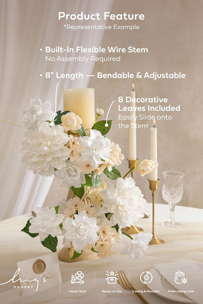 White Artificial Gardenia Flowers with Stems, 25 pcs