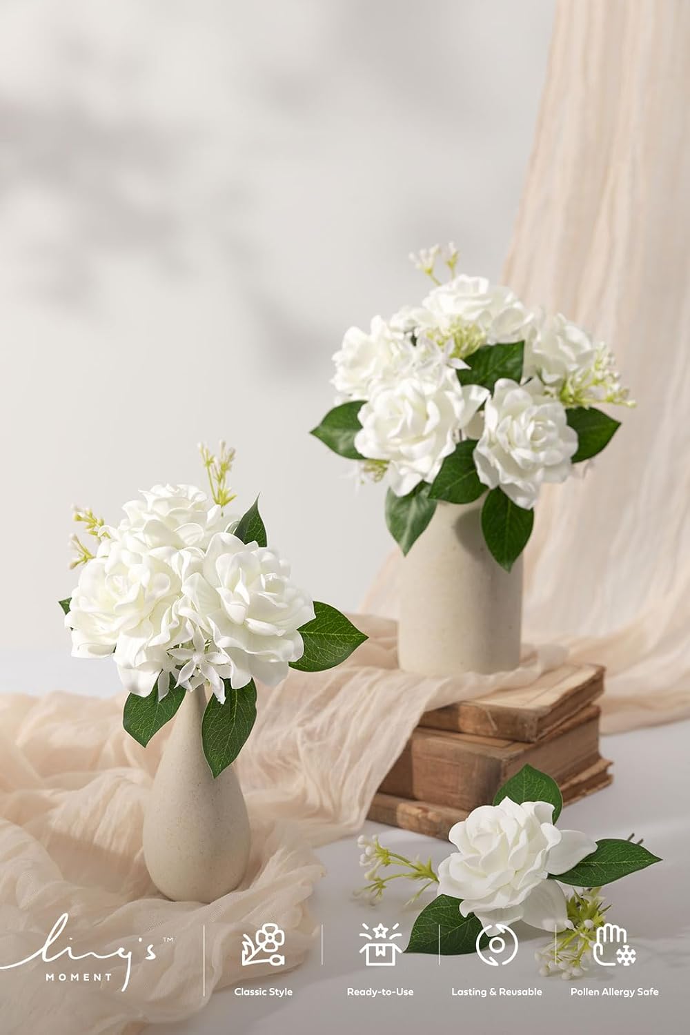 White Artificial Gardenia Flowers with Stems, 25 pcs