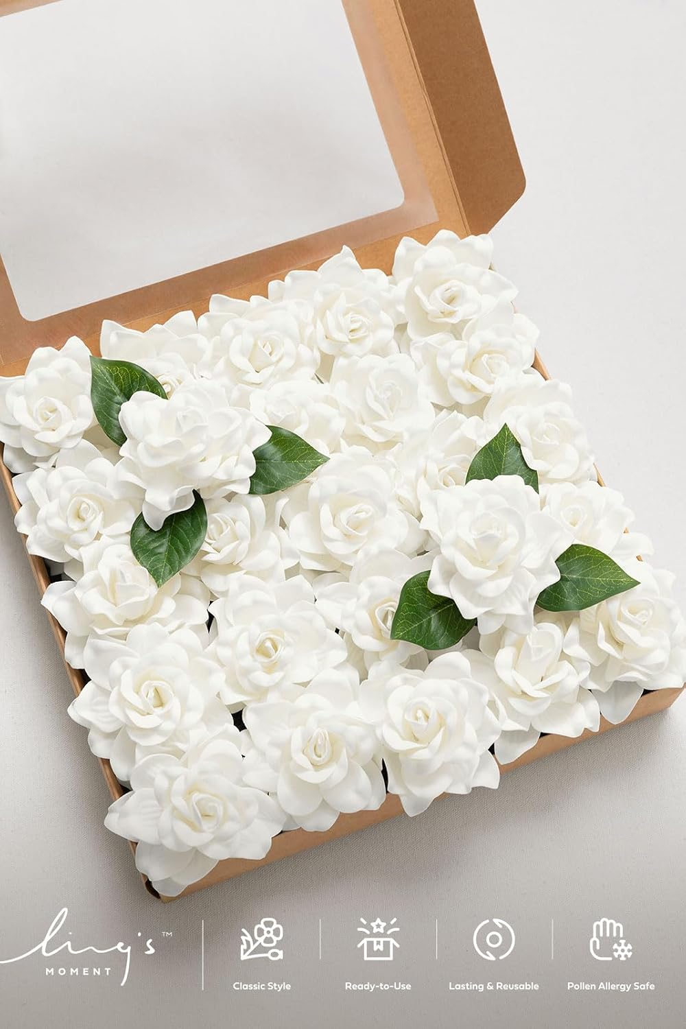 White Artificial Gardenia Flowers with Stems, 25 pcs