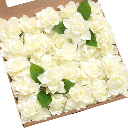 White Artificial Gardenia Flowers with Stems, 25 pcs