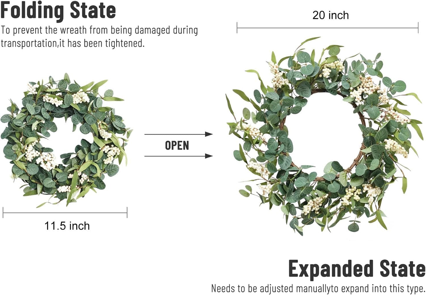 20'' Eucalyptus Wreath for Front Door, Porch, Window - Green Decor for Home, Farmhouse - Spring, Summer, Fall, All Seasons