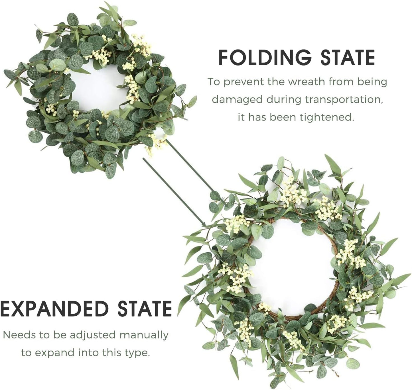 20'' Eucalyptus Wreath for Front Door, Porch, Window - Green Decor for Home, Farmhouse - Spring, Summer, Fall, All Seasons
