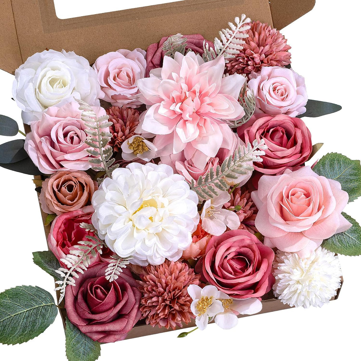 Artificial Flower Box Set Faux Flowers Fake Roses with Stems for DIY
