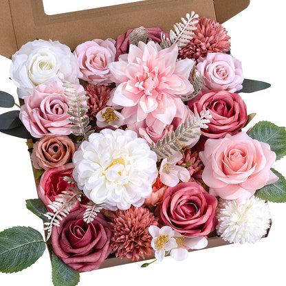 Artificial Flower Box Set Faux Flowers Fake Roses with Stems for DIY