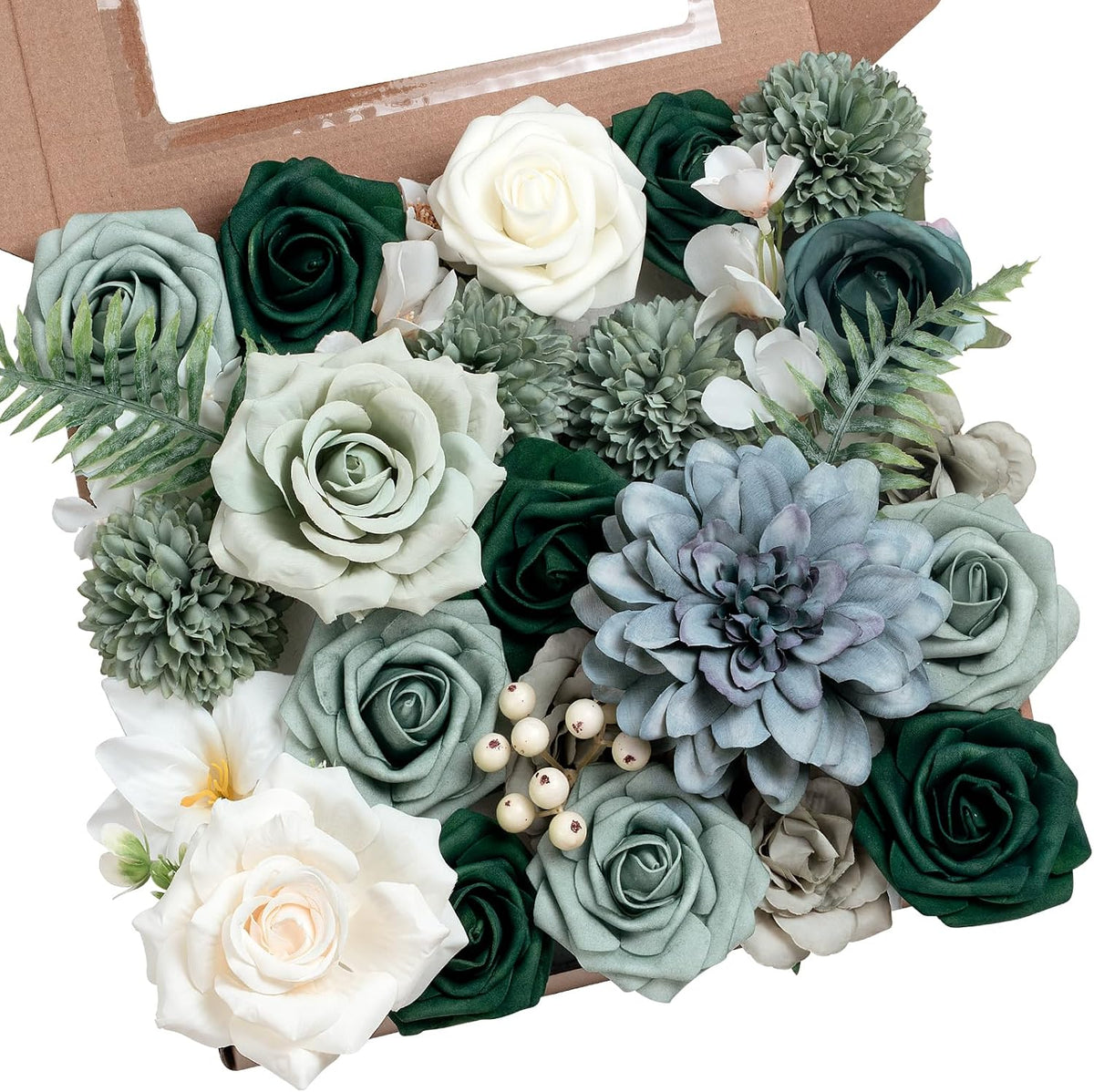Artificial Flower Box Set Faux Flowers Fake Roses with Stems for DIY