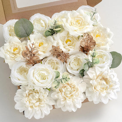 Artificial Flower Box Set Faux Flowers Fake Roses with Stems for DIY