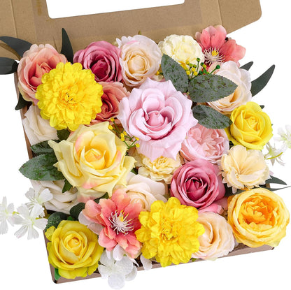 Artificial Flower Box Set Faux Flowers Fake Roses with Stems for DIY