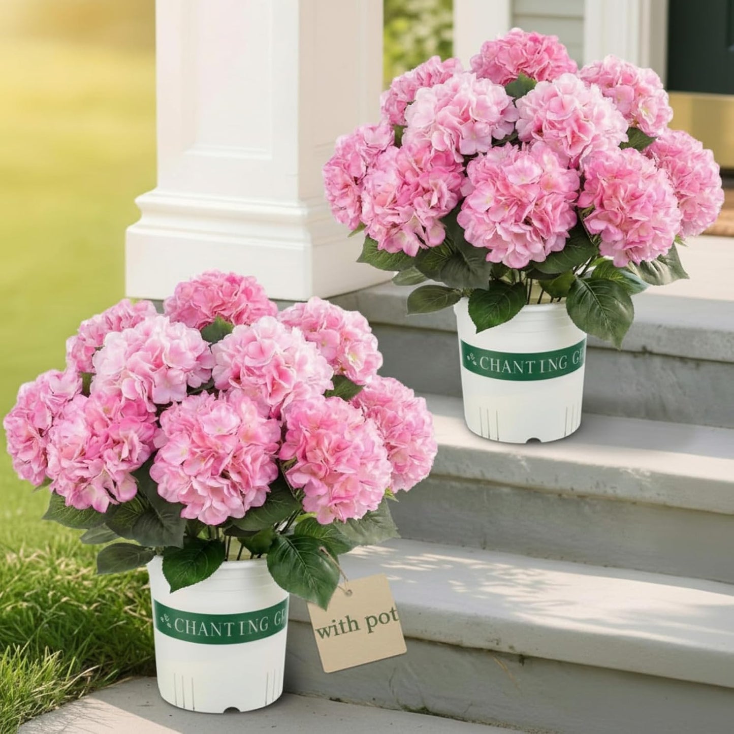 2 Pack Artificial Hydrangea Flowers in Pot, 20 Inch Faux Silk Hydrangea Arrangement, Gradient Purple Potted Fake Flowers for Table Centerpiece, Home, Wedding, Entryway Decor(Pink)