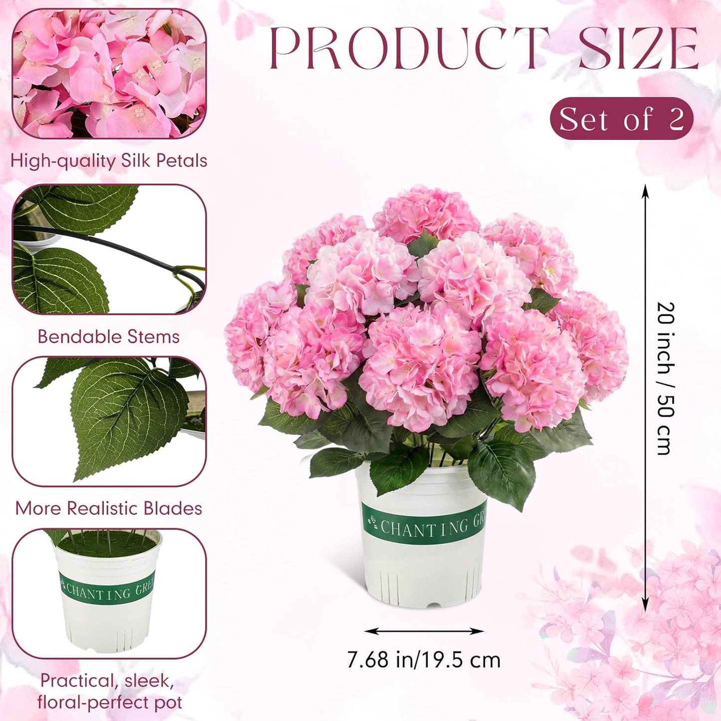 2 Pack Artificial Hydrangea Flowers in Pot, 20 Inch Faux Silk Hydrangea Arrangement, Gradient Purple Potted Fake Flowers for Table Centerpiece, Home, Wedding, Entryway Decor(Pink)