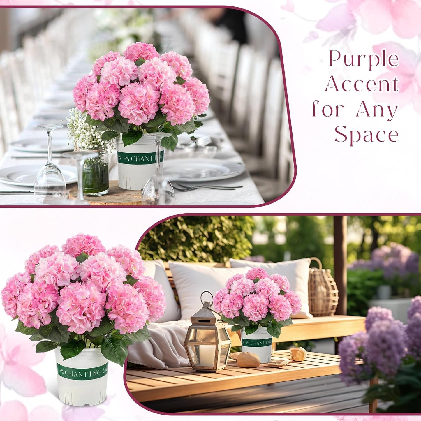 2 Pack Artificial Hydrangea Flowers in Pot, 20 Inch Faux Silk Hydrangea Arrangement, Gradient Purple Potted Fake Flowers for Table Centerpiece, Home, Wedding, Entryway Decor(Pink)