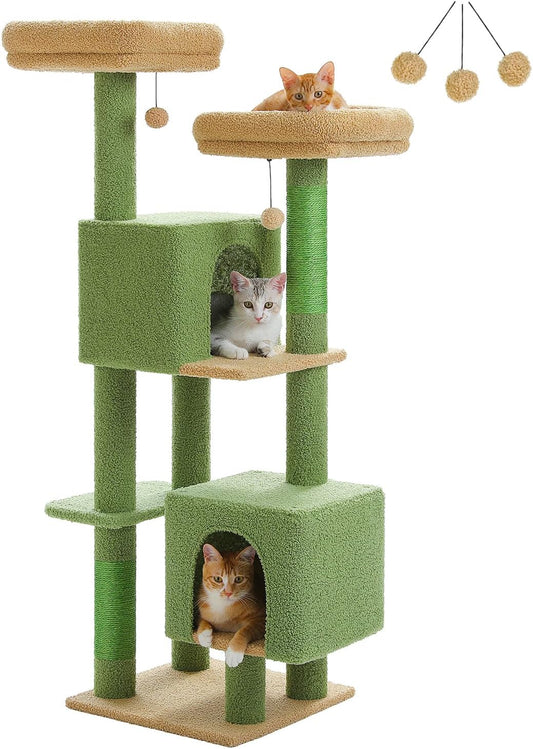 Cactus Cat Tree for Adult Cats with Super Large Top Perch, 56.3" Cat Tower for Cats with Plush Hammock, Dangling Pompom, Cat Scratching Posts and 2 Condos, Green House