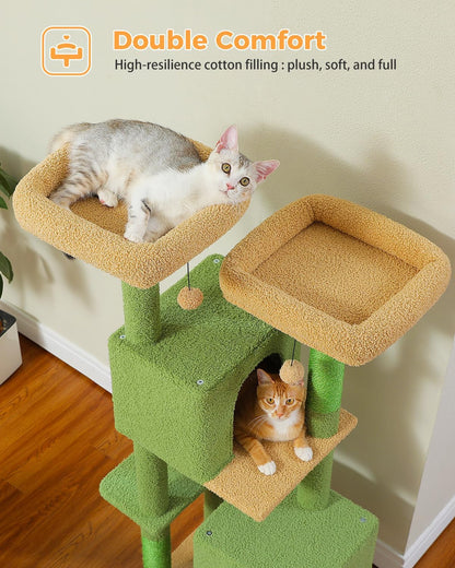 Cactus Cat Tree for Adult Cats with Super Large Top Perch, 56.3" Cat Tower for Cats with Plush Hammock, Dangling Pompom, Cat Scratching Posts and 2 Condos, Green House