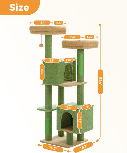 Cactus Cat Tree for Adult Cats with Super Large Top Perch, 56.3" Cat Tower for Cats with Plush Hammock, Dangling Pompom, Cat Scratching Posts and 2 Condos, Green House