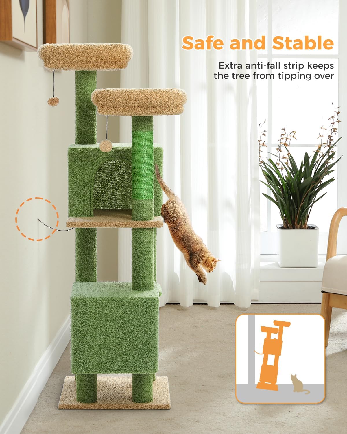 Cactus Cat Tree for Adult Cats with Super Large Top Perch, 56.3" Cat Tower for Cats with Plush Hammock, Dangling Pompom, Cat Scratching Posts and 2 Condos, Green House