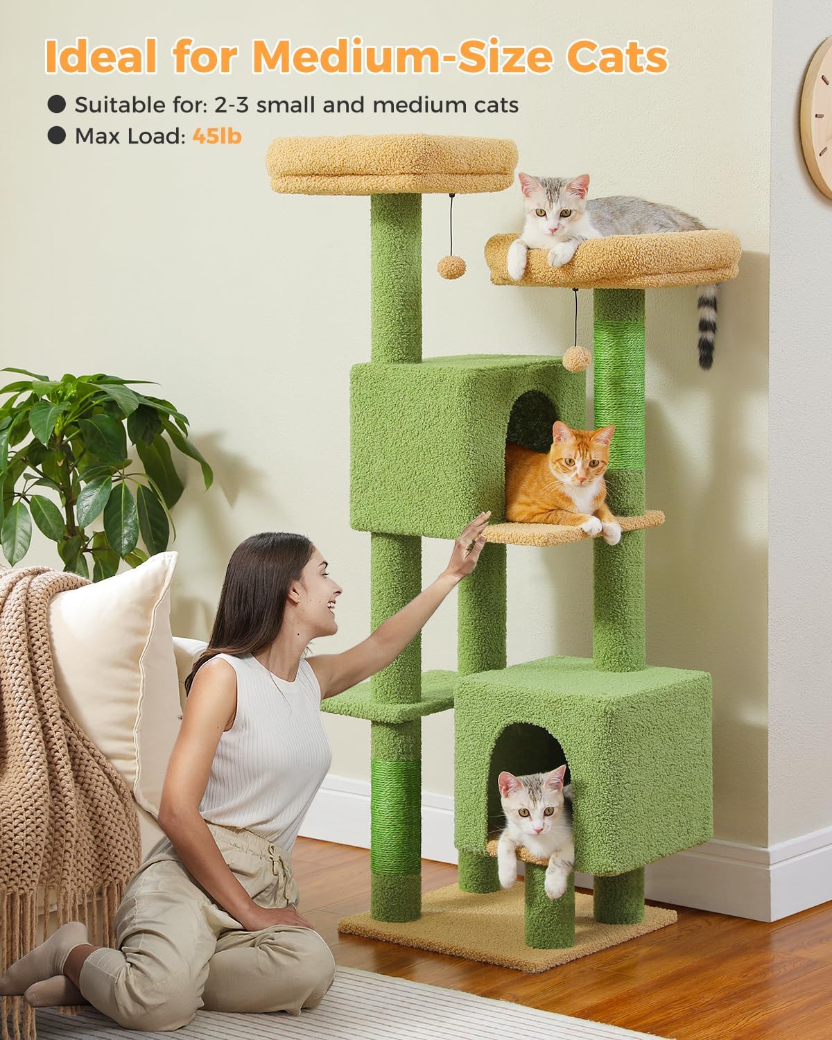 Cactus Cat Tree for Adult Cats with Super Large Top Perch, 56.3" Cat Tower for Cats with Plush Hammock, Dangling Pompom, Cat Scratching Posts and 2 Condos, Green House