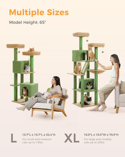 Cactus Cat Tree for Adult Cats with Super Large Top Perch, 56.3" Cat Tower for Cats with Plush Hammock, Dangling Pompom, Cat Scratching Posts and 2 Condos, Green House
