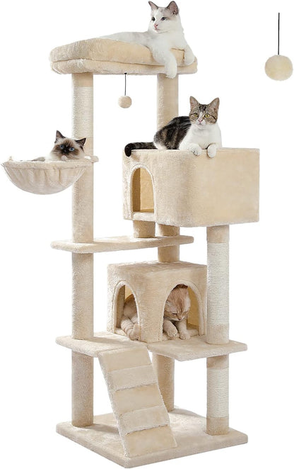 Cactus Cat Tree for Adult Cats with Super Large Top Perch, 56.3" Cat Tower for Cats with Plush Hammock, Dangling Pompom, Cat Scratching Posts and 2 Condos, Green House