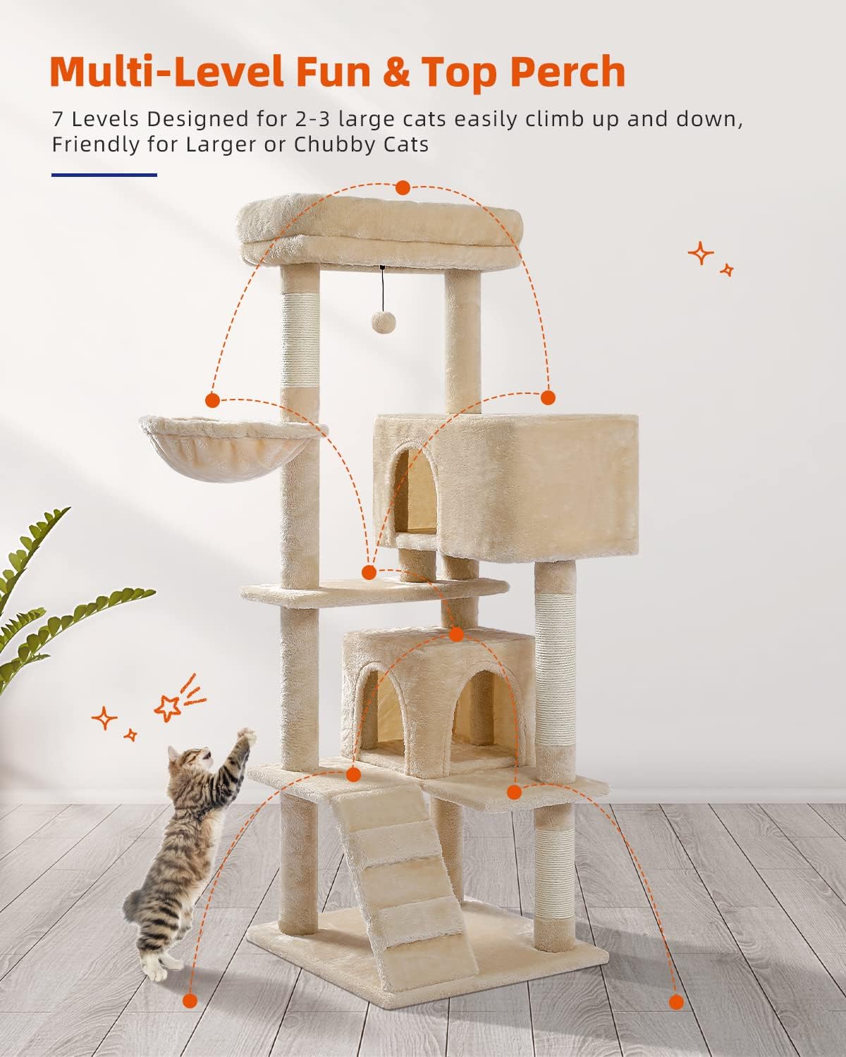 Cactus Cat Tree for Adult Cats with Super Large Top Perch, 56.3" Cat Tower for Cats with Plush Hammock, Dangling Pompom, Cat Scratching Posts and 2 Condos, Green House