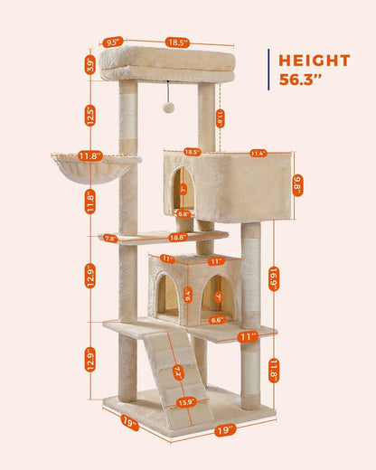 Cactus Cat Tree for Adult Cats with Super Large Top Perch, 56.3" Cat Tower for Cats with Plush Hammock, Dangling Pompom, Cat Scratching Posts and 2 Condos, Green House