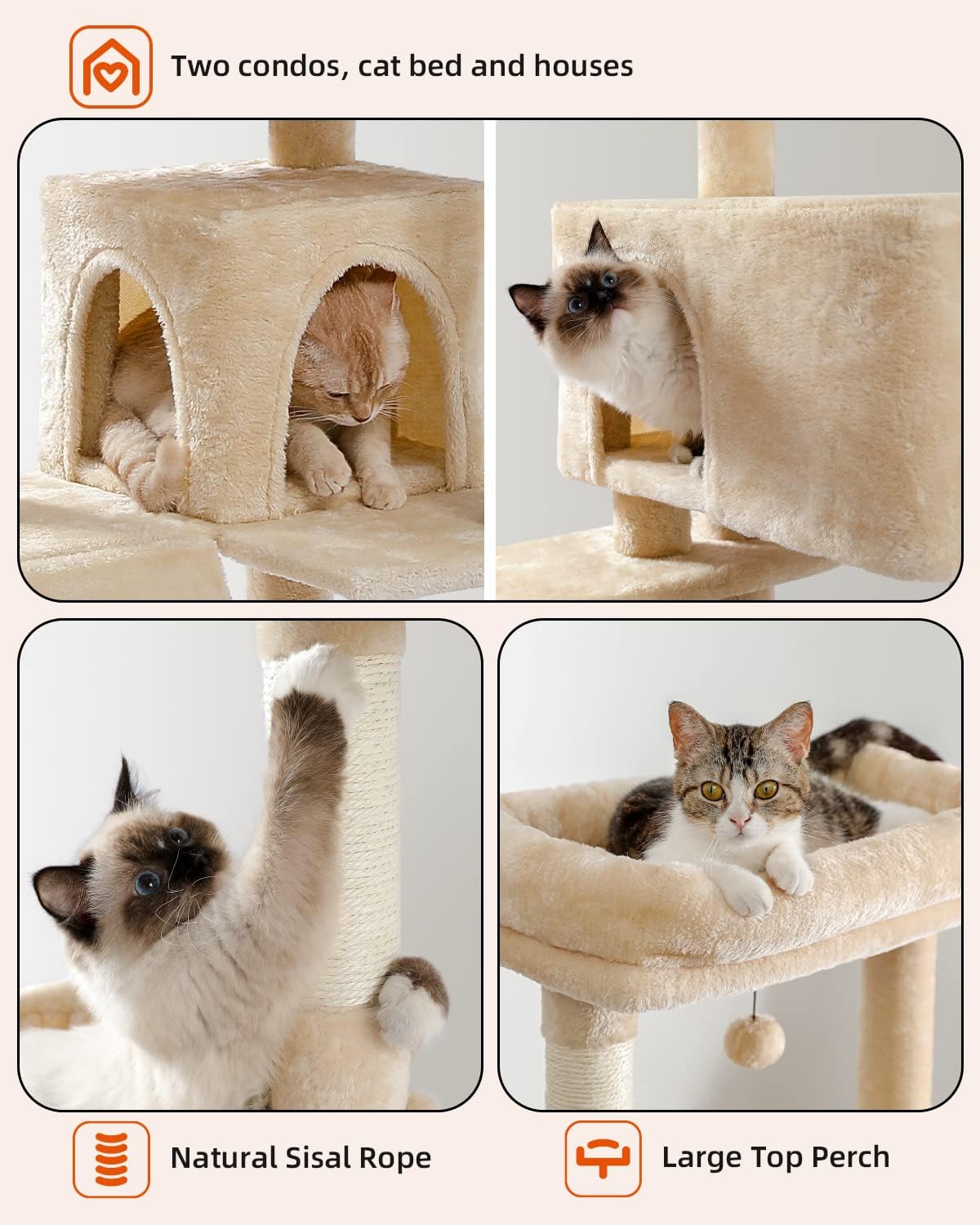 Cactus Cat Tree for Adult Cats with Super Large Top Perch, 56.3" Cat Tower for Cats with Plush Hammock, Dangling Pompom, Cat Scratching Posts and 2 Condos, Green House