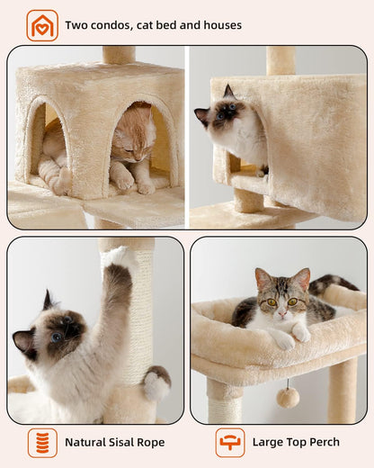 Cactus Cat Tree for Adult Cats with Super Large Top Perch, 56.3" Cat Tower for Cats with Plush Hammock, Dangling Pompom, Cat Scratching Posts and 2 Condos, Green House