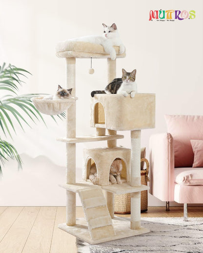 Cactus Cat Tree for Adult Cats with Super Large Top Perch, 56.3" Cat Tower for Cats with Plush Hammock, Dangling Pompom, Cat Scratching Posts and 2 Condos, Green House